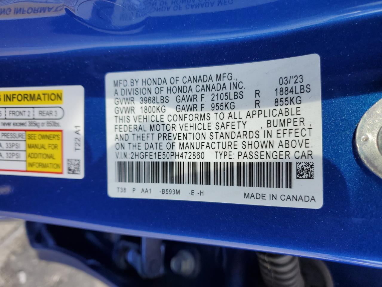 2023 HONDA CIVIC SI VIN:2HGFE1E50PH472860