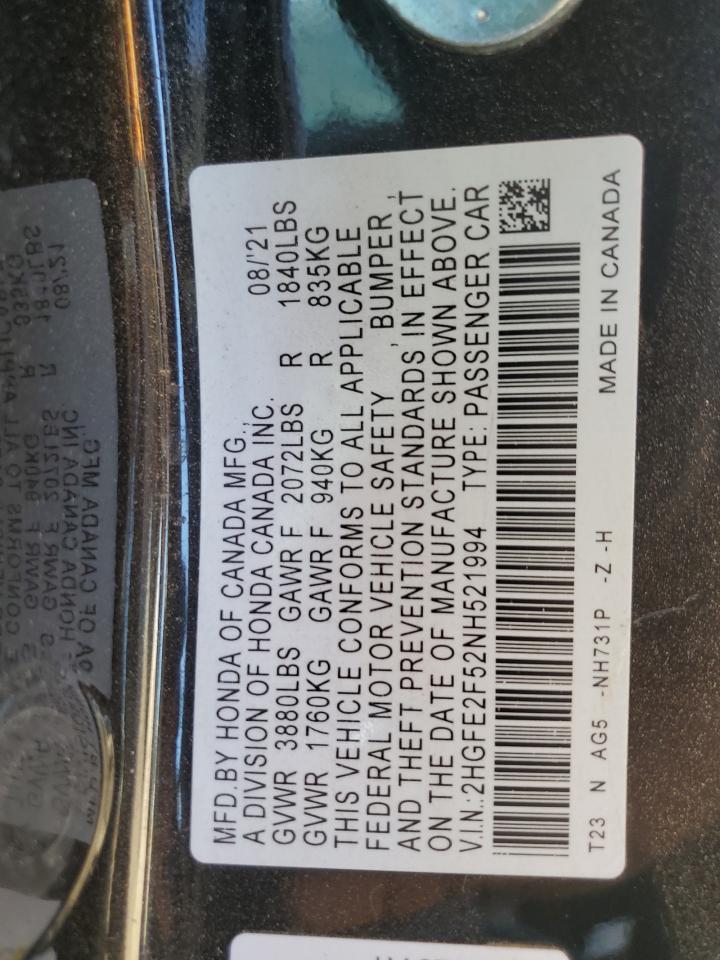 2022 HONDA CIVIC SPORT VIN:2HGFE2F52NH521994