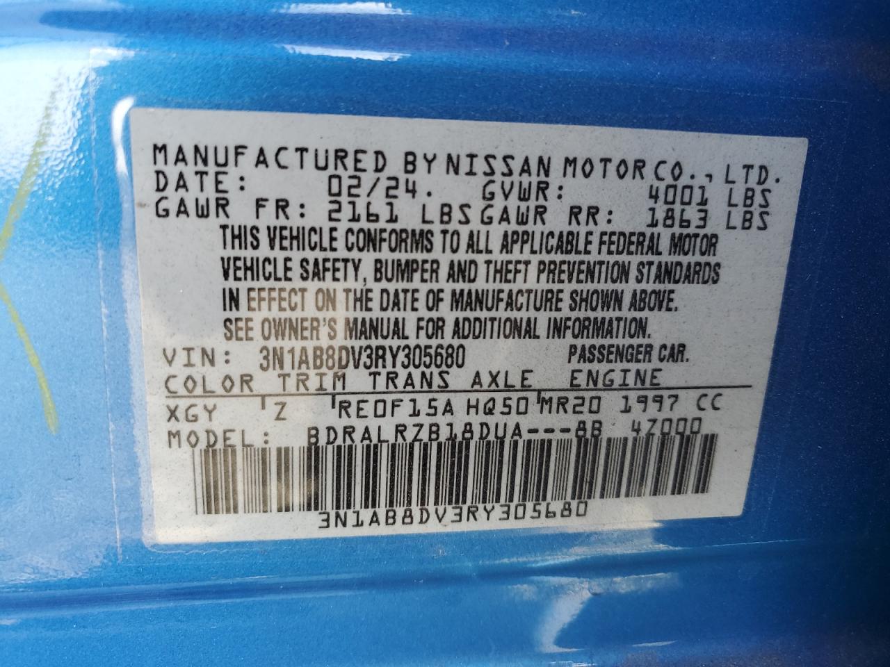 2024 NISSAN SENTRA SR VIN:3N1AB8DV3RY305680
