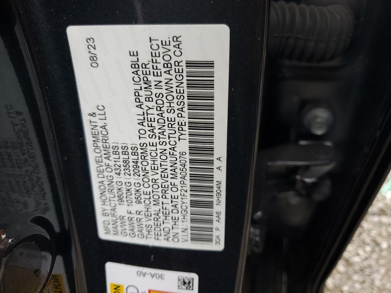 2023 HONDA ACCORD LX VIN:1HGCY1F21PA054076