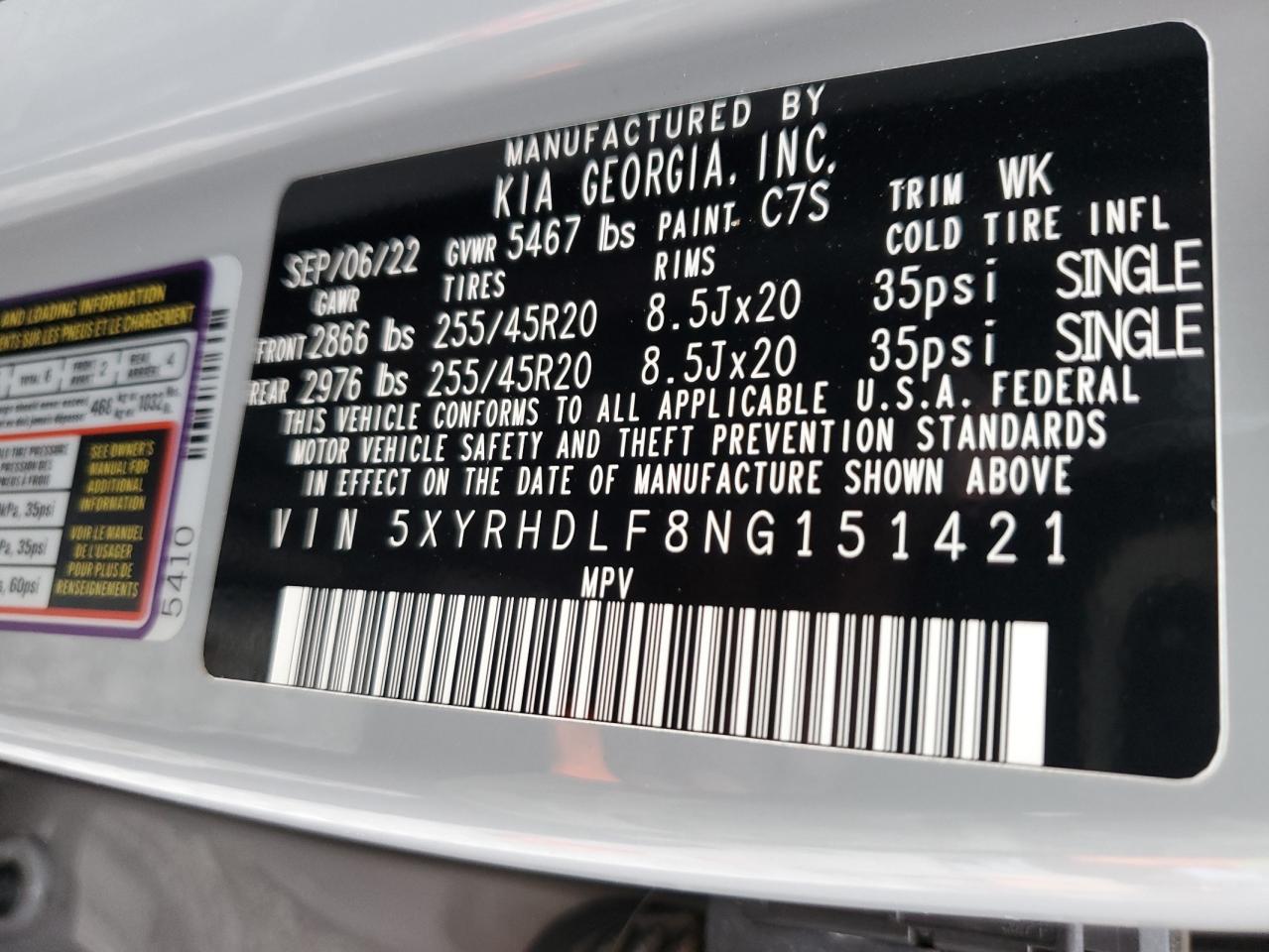 2022 KIA SORENTO EX VIN:5XYRHDLF8NG151421