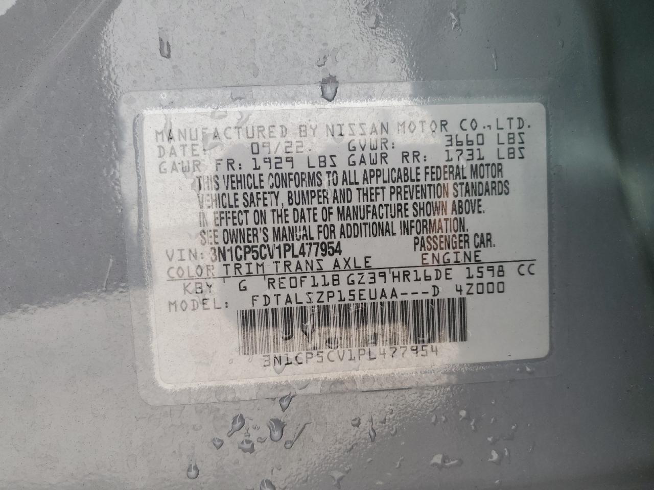 2023 NISSAN KICKS SV VIN:3N1CP5CV1PL477954