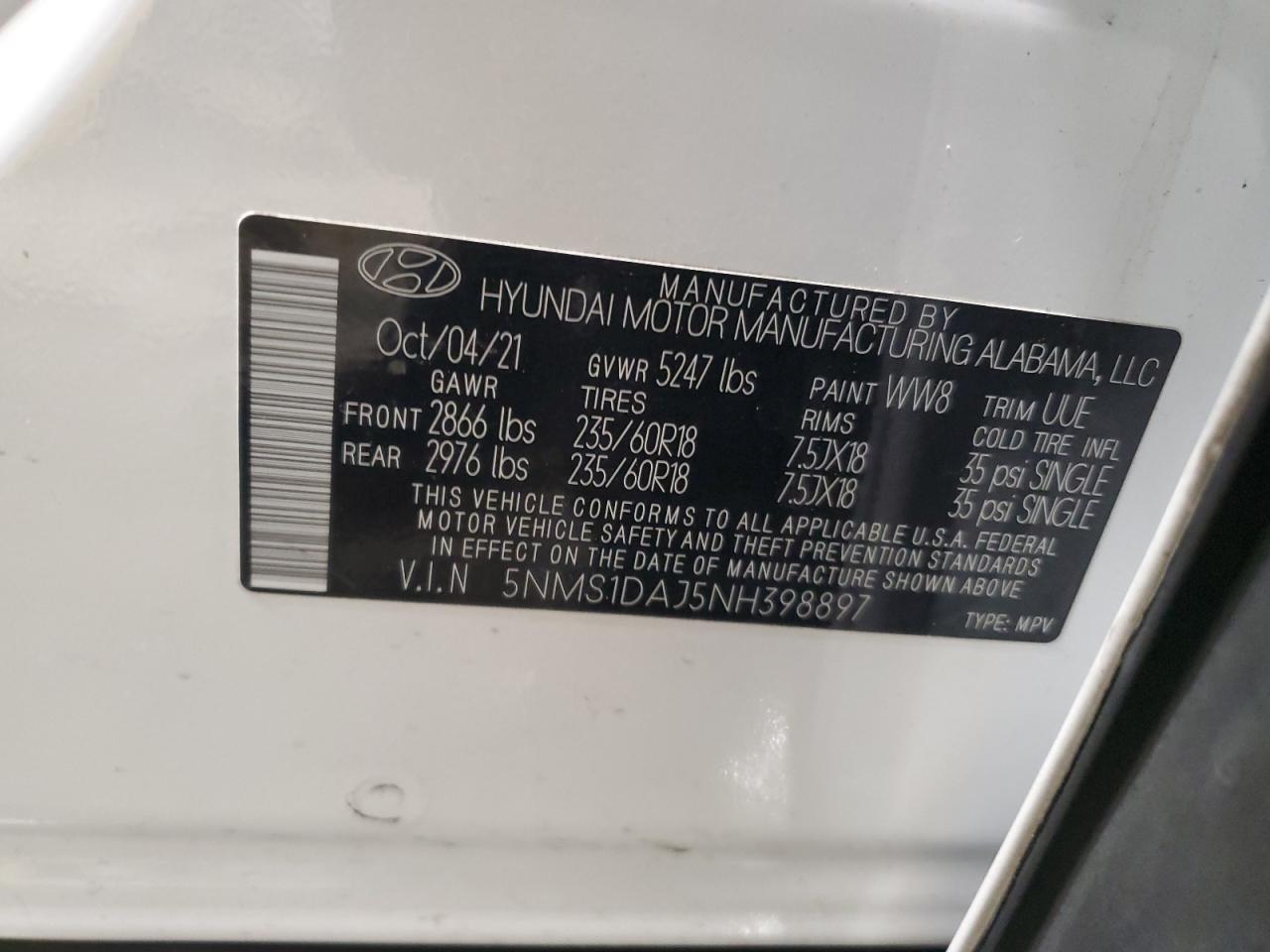 2022 HYUNDAI SANTA FE SE VIN:5NMS1DAJ5NH398897