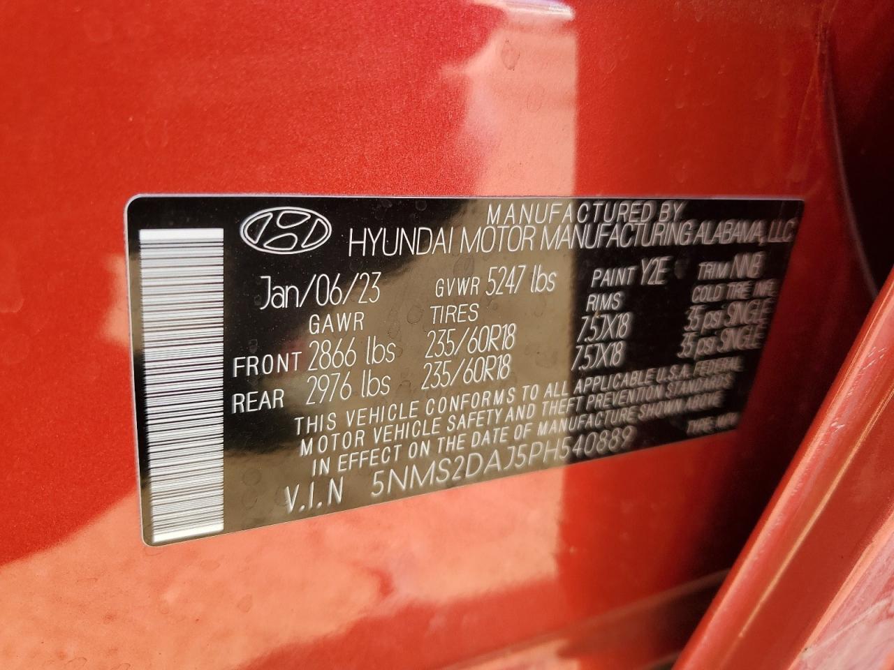 2023 HYUNDAI SANTA FE SEL VIN:5NMS2DAJ5PH540889