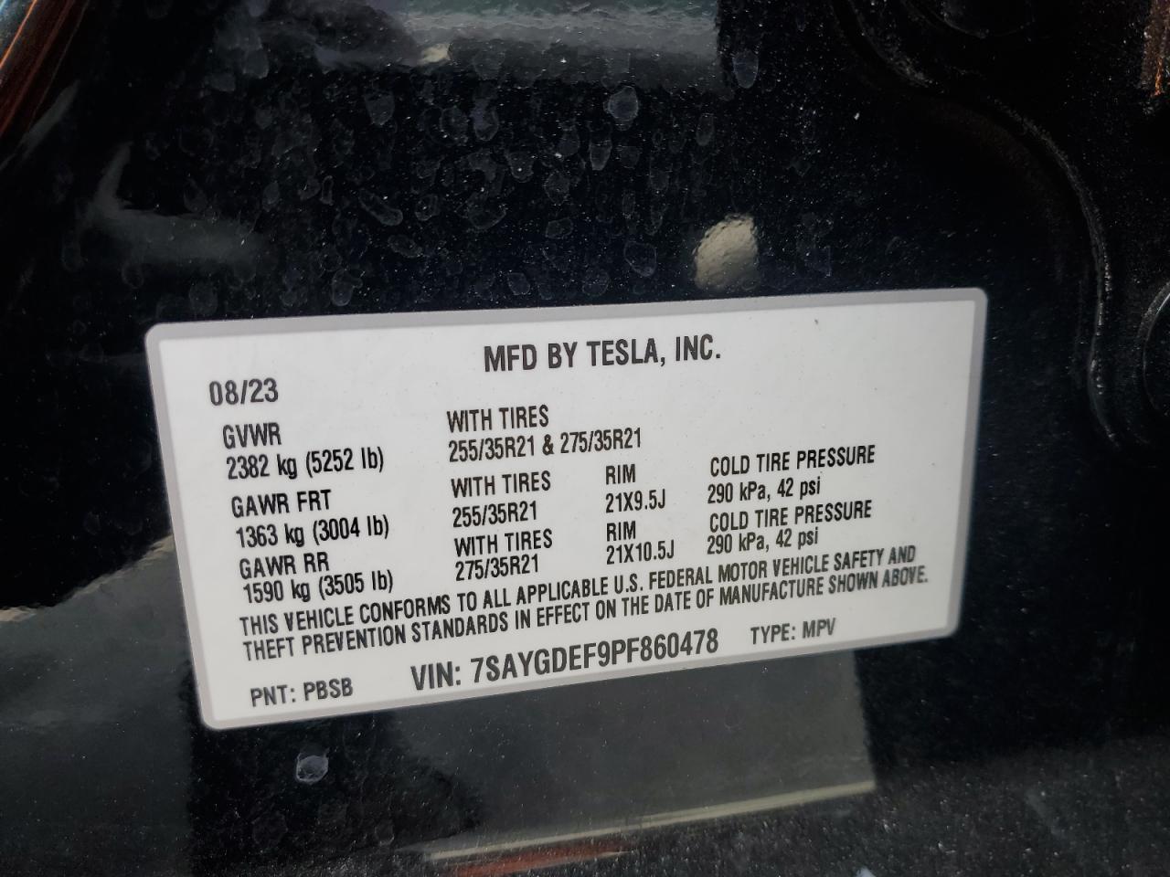 2023 TESLA MODEL Y VIN:7SAYGDEF9PF860478
