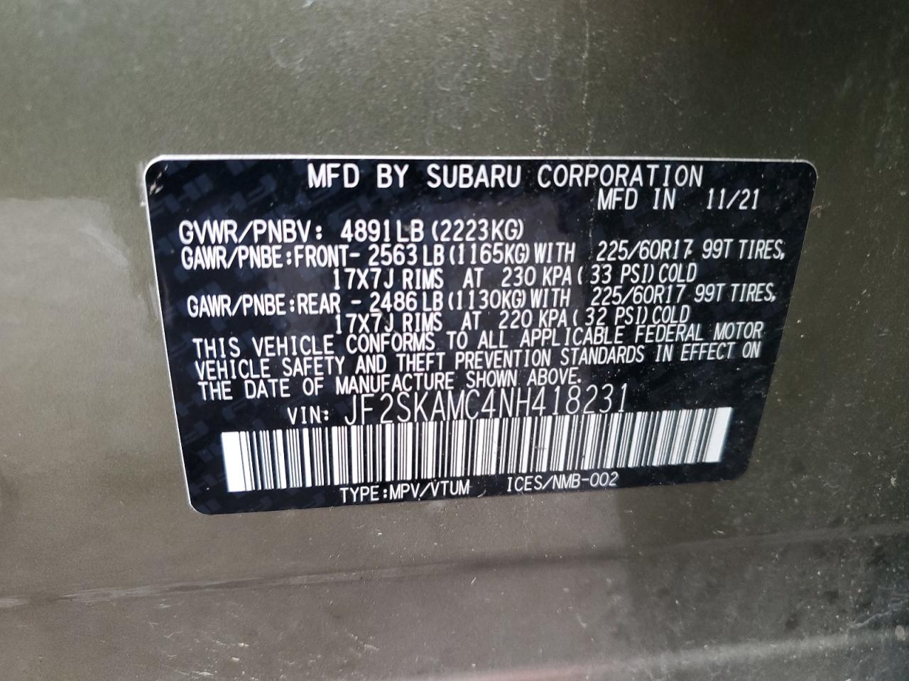2022 SUBARU FORESTER WILDERNESS VIN:JF2SKAMC4NH418231