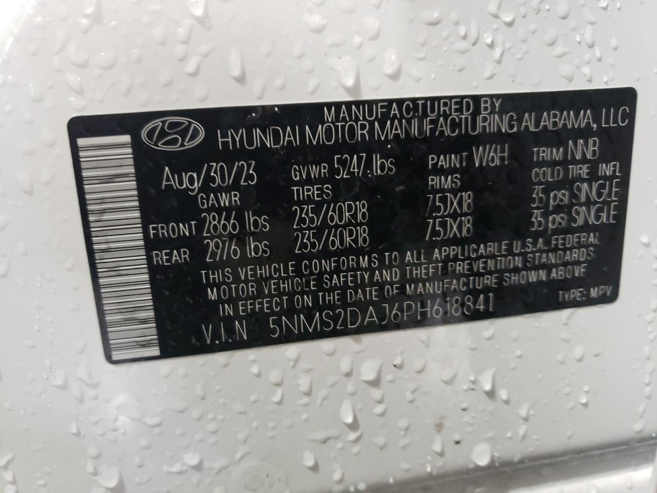 2023 HYUNDAI SANTA FE SEL VIN:5NMS2DAJ6PH618841