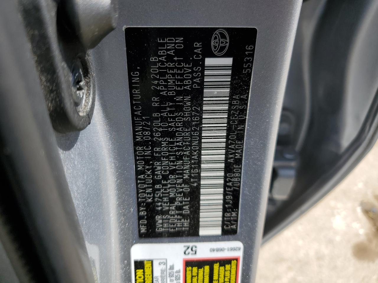 2022 TOYOTA CAMRY SE VIN:4T1G11AK0NU621672