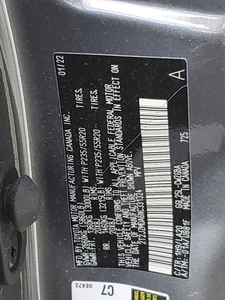 2022 LEXUS RX 350 VIN:2T2JZMDA6NC331324