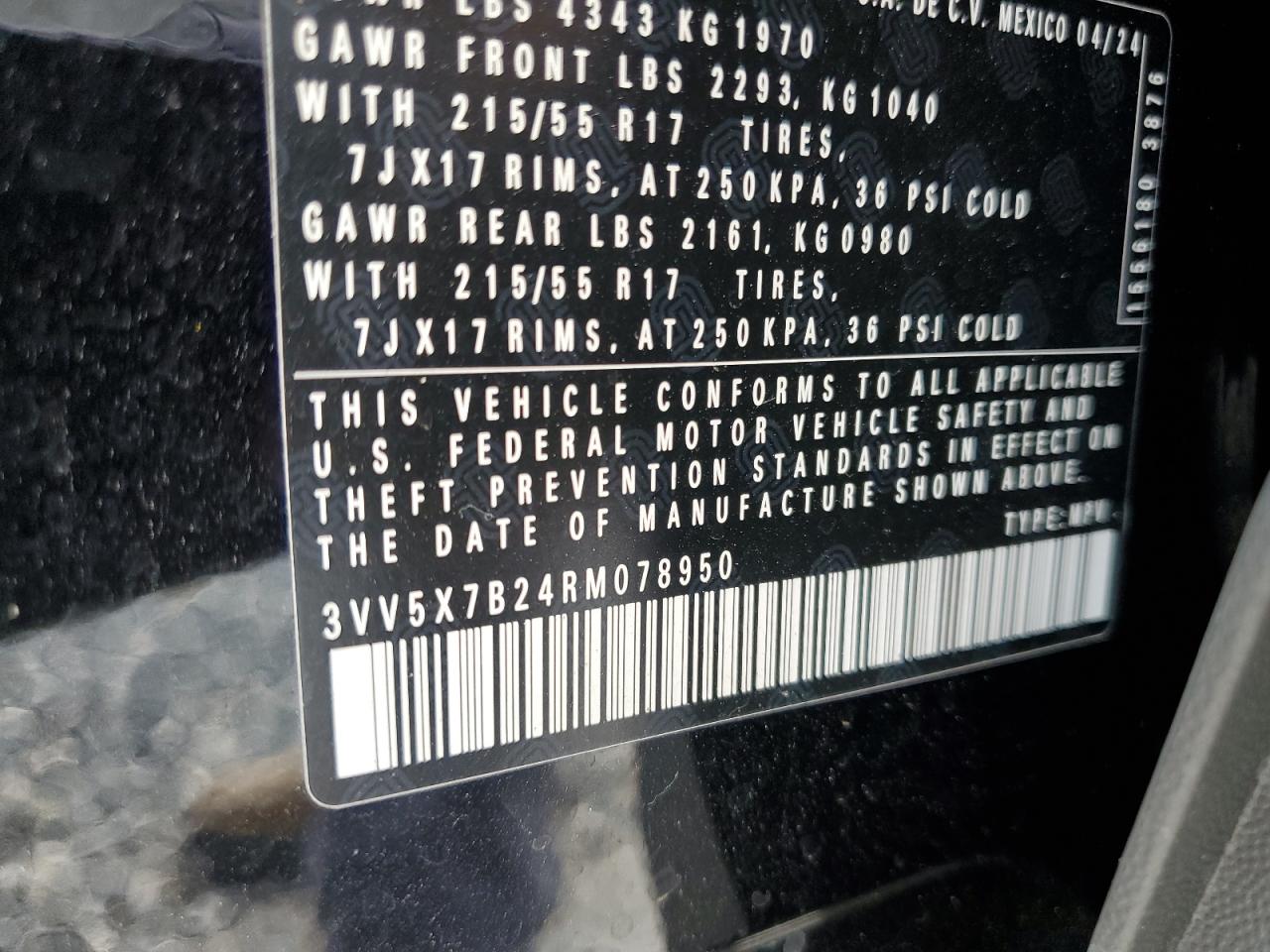 2024 VOLKSWAGEN TAOS S VIN:3VV5X7B24RM078950