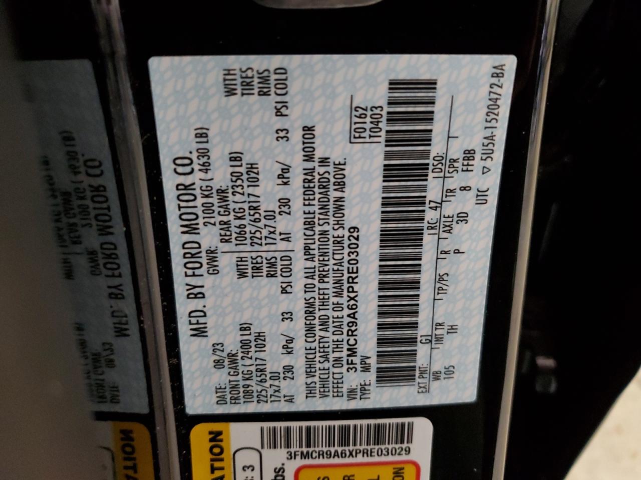 2023 FORD BRONCO SPORT VIN:3FMCR9A6XPRE03029