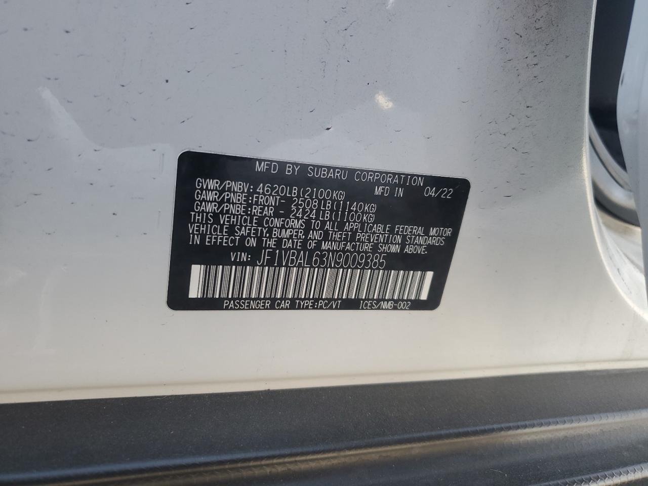 2022 SUBARU WRX LIMITED VIN:JF1VBAL63N9009385