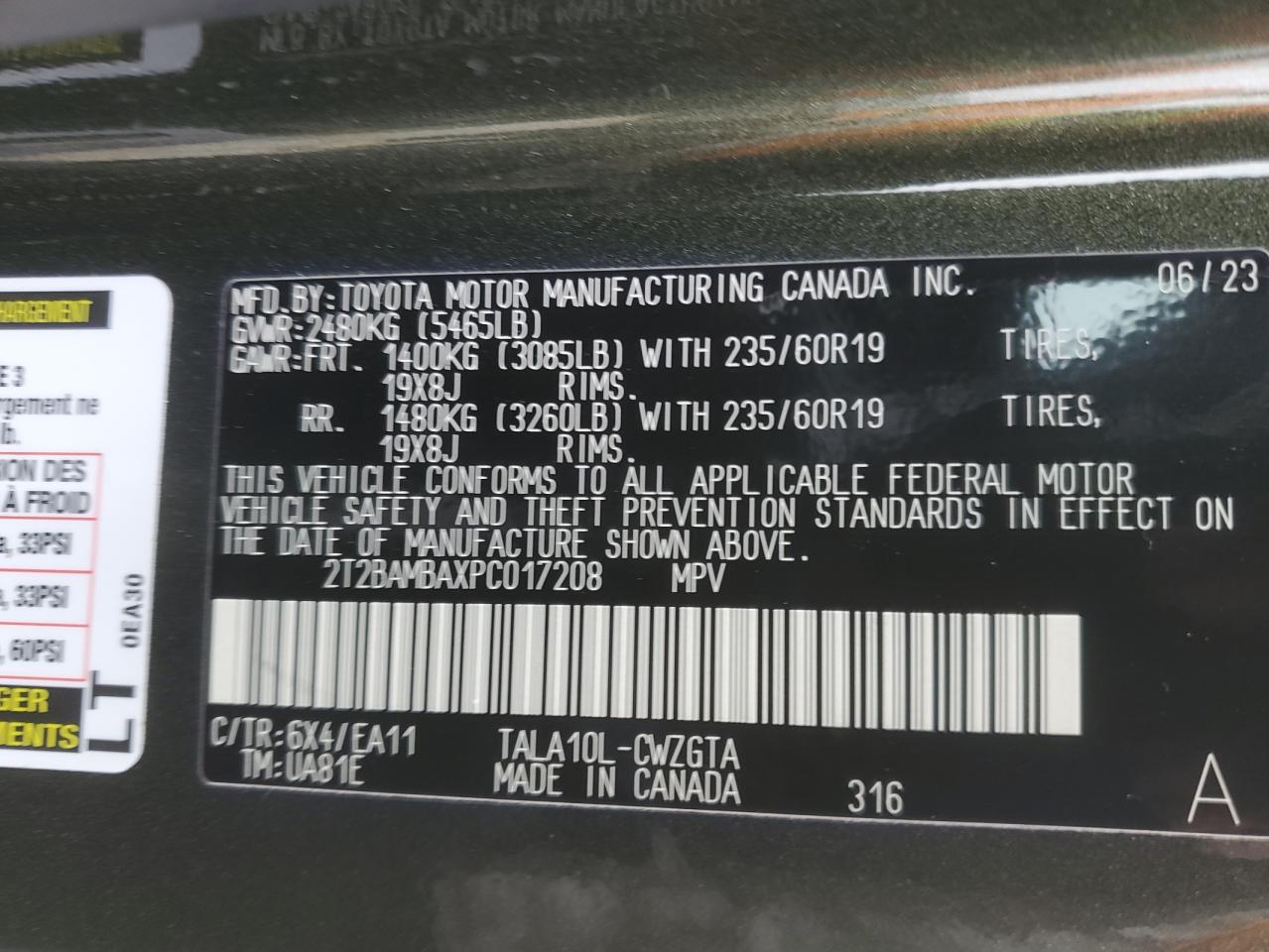 2023 LEXUS RX 350 BASE VIN:2T2BAMBAXPC017208