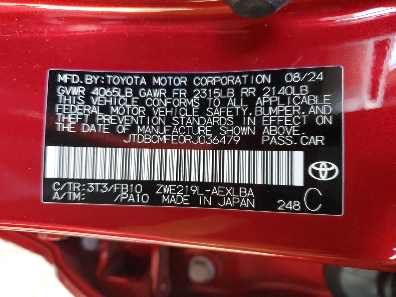2024 TOYOTA COROLLA LE VIN:JTDBCMFE0RJ036479