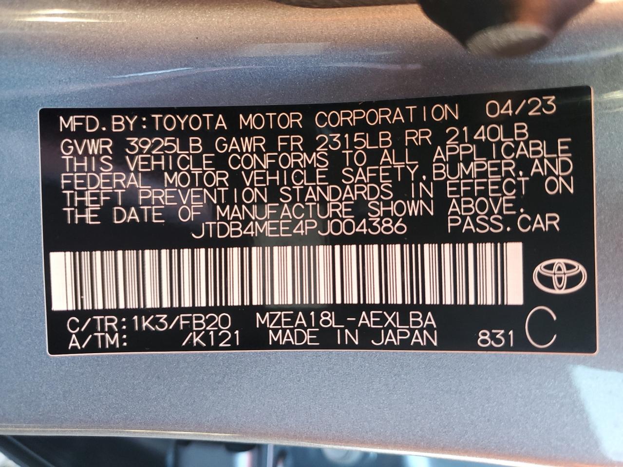 2023 TOYOTA COROLLA LE VIN:1FTBR2X87PKA51211