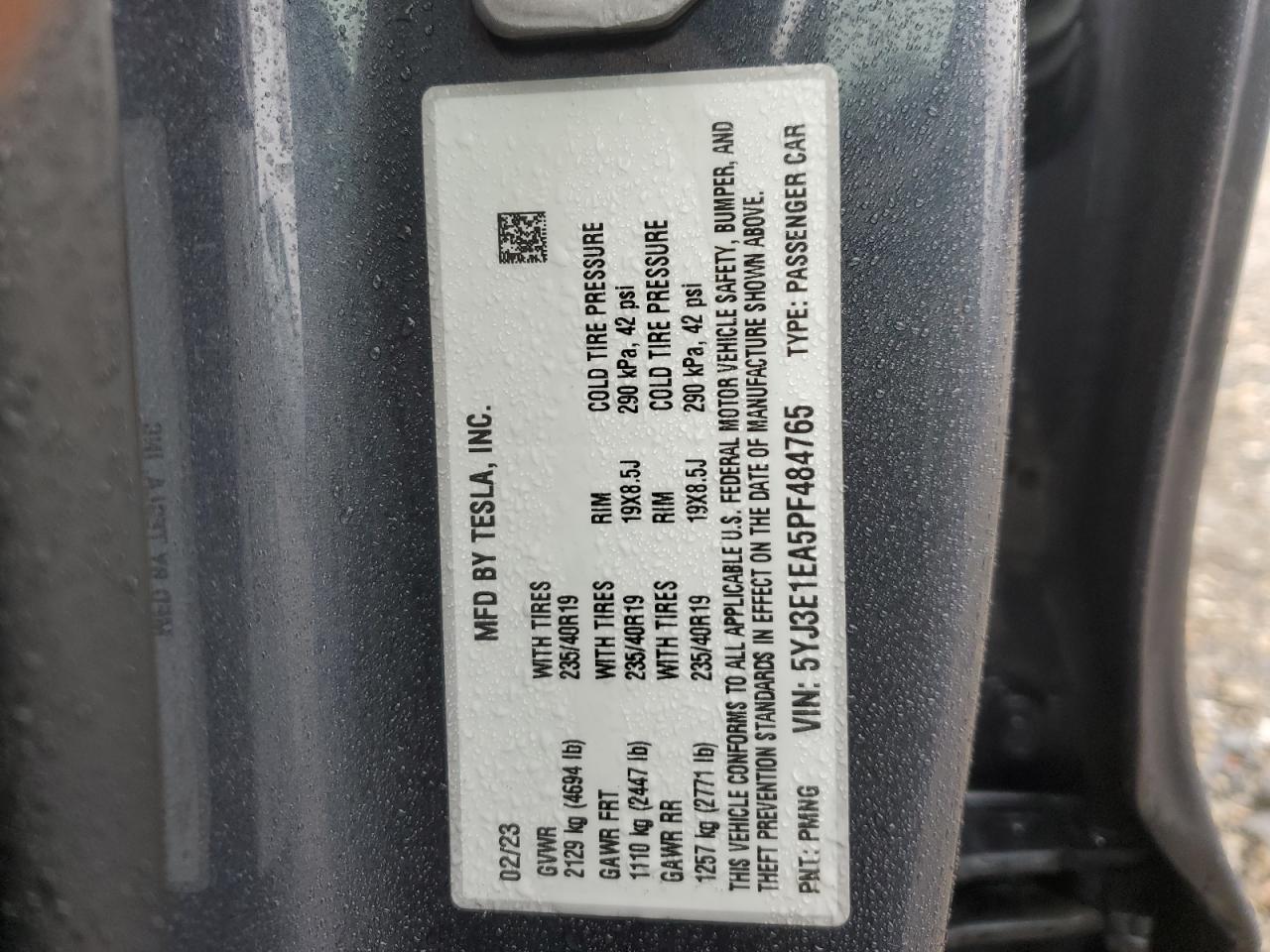2023 TESLA MODEL 3 VIN:5YJ3E1EA5PF484765
