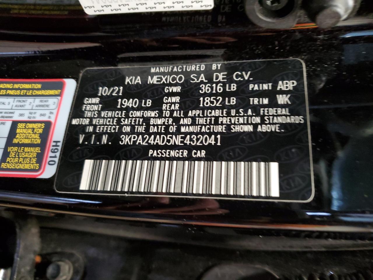 2022 KIA RIO LX VIN:3KPA24AD5NE432041