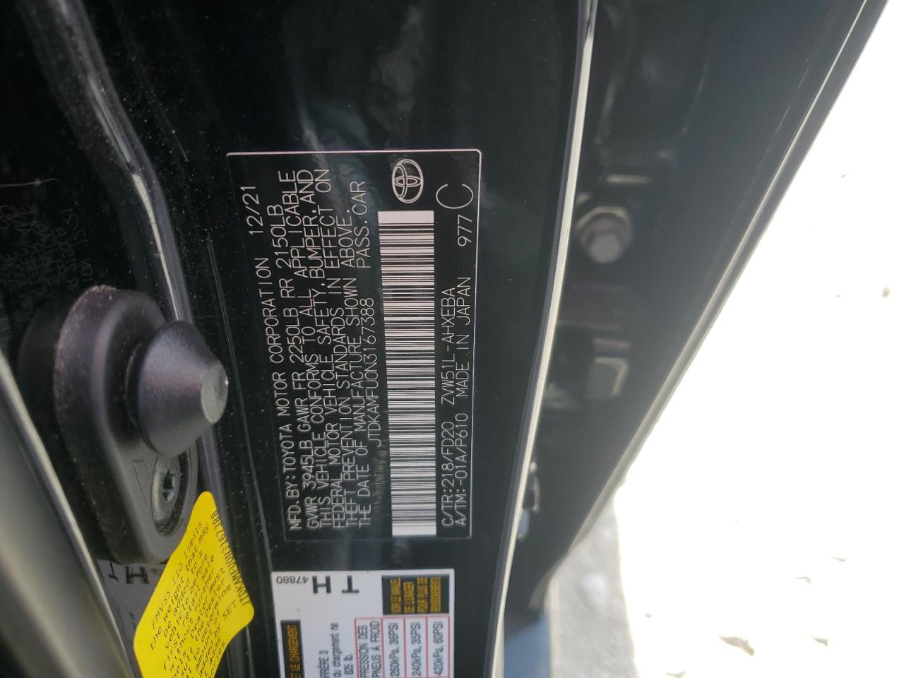 2022 TOYOTA PRIUS NIGHT SHADE VIN:JTDKAMFU0N3167388