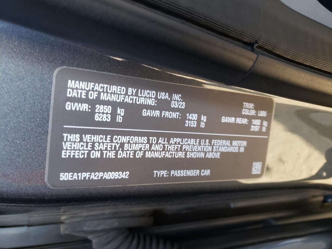2023 LUCID MOTORS AIR PURE VIN:50EA1PFA2PA009342