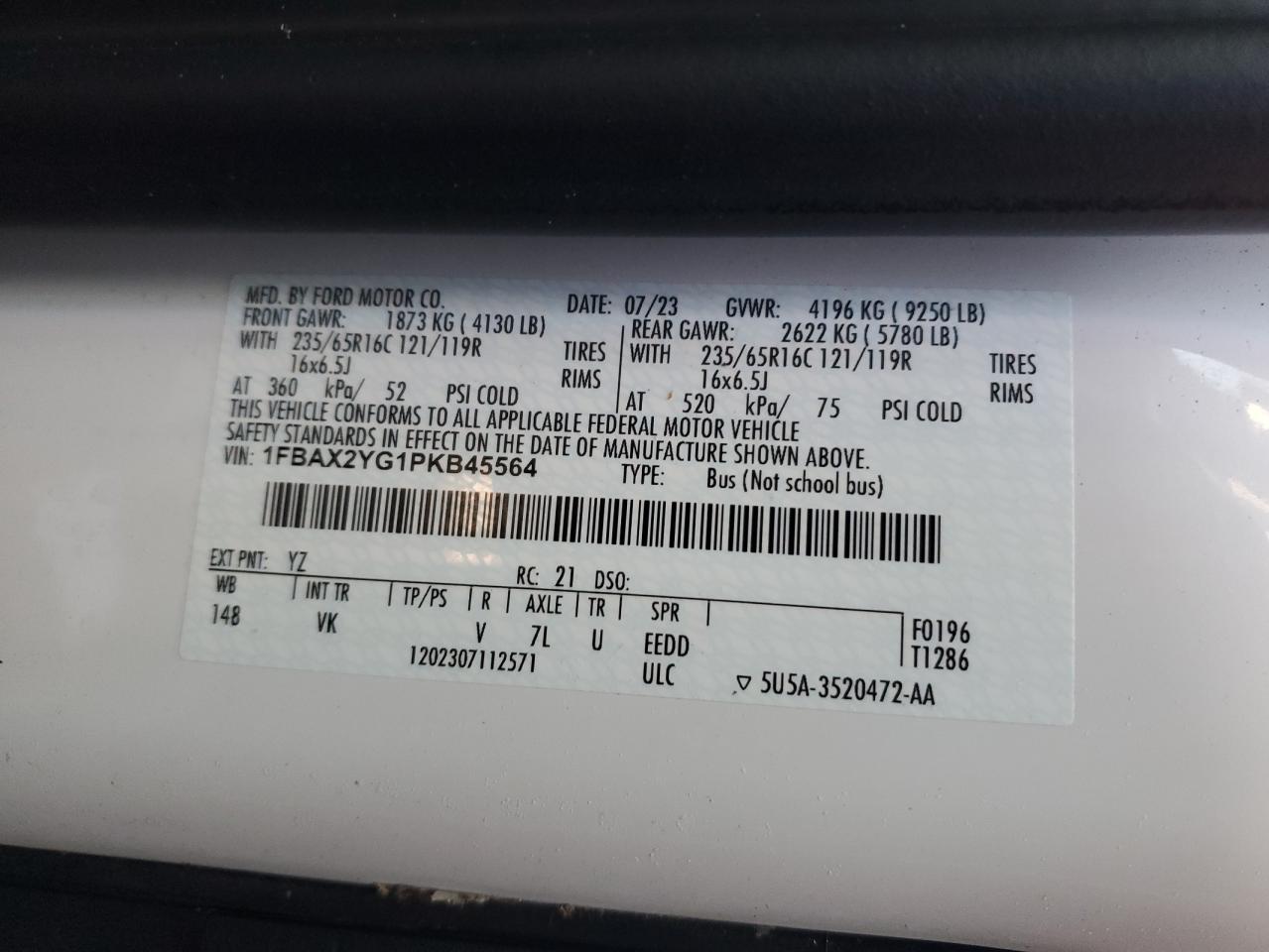 2023 FORD TRANSIT T-350 VIN:1FBAX2YG1PKB45564