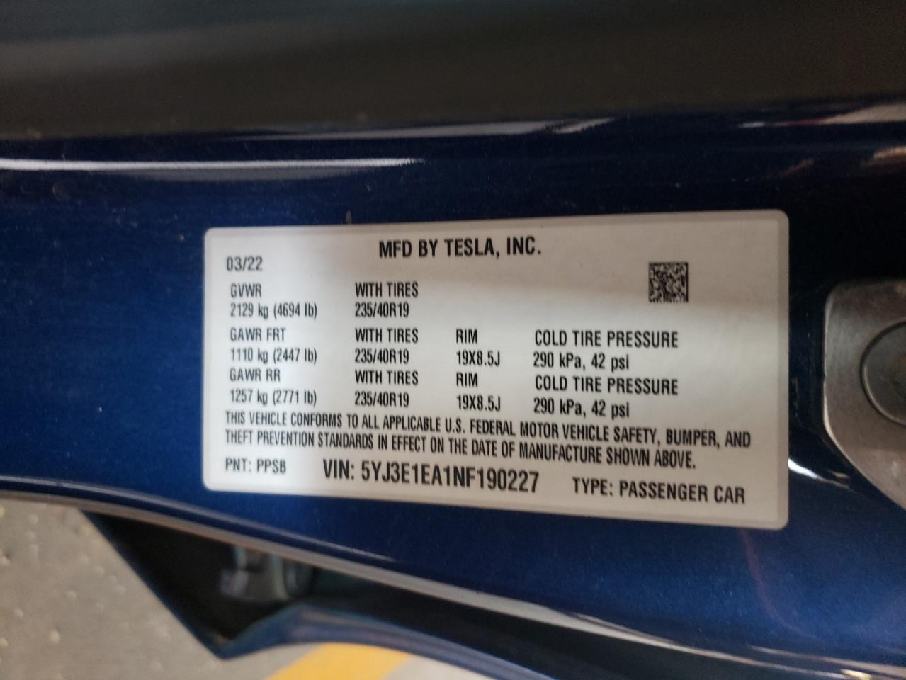 2022 TESLA MODEL 3 VIN:5YJ3E1EA1NF190227