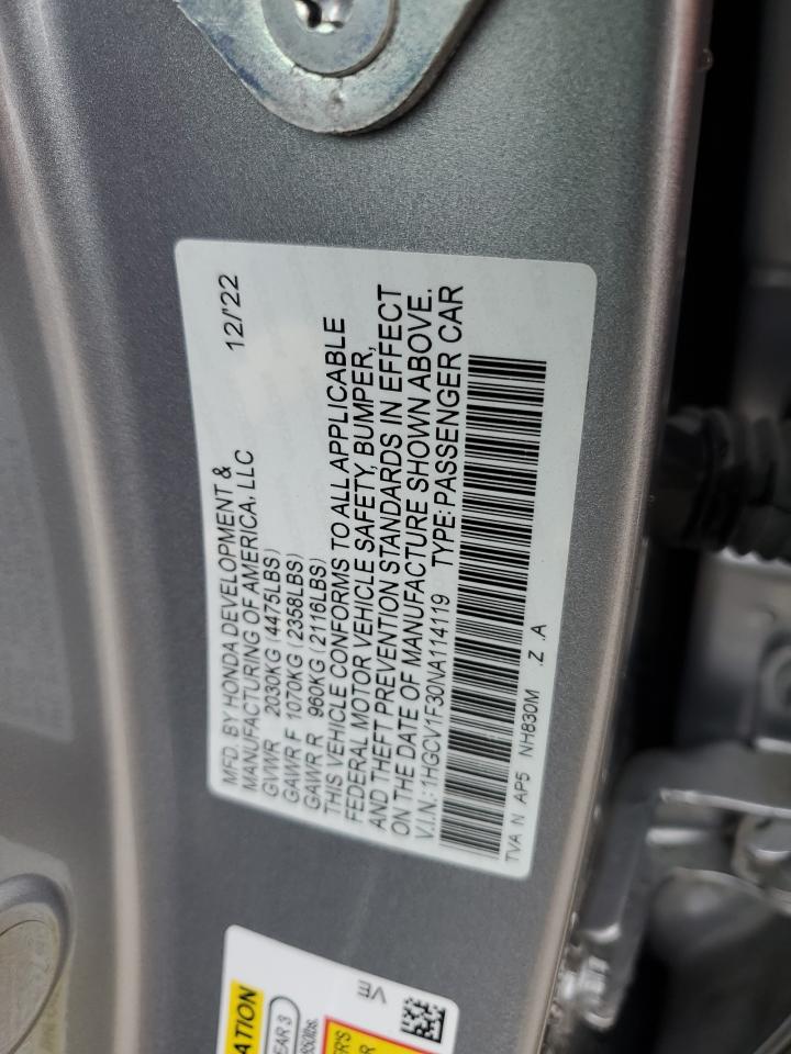 2022 HONDA ACCORD SPORT VIN:1HGCV1F30NA114119