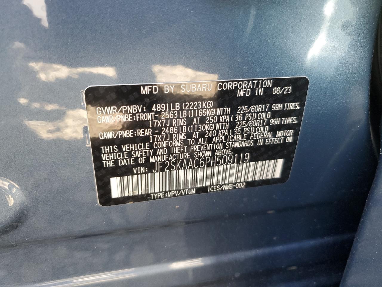 2023 SUBARU FORESTER VIN:JF2SKAAC6PH509119