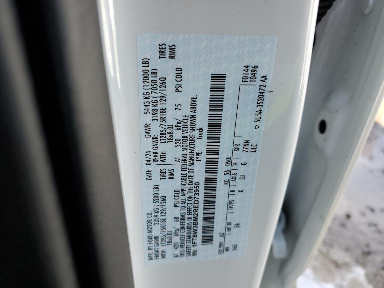 2024 FORD F350 SUPER DUTY VIN:1FT8W3BM2RED73950