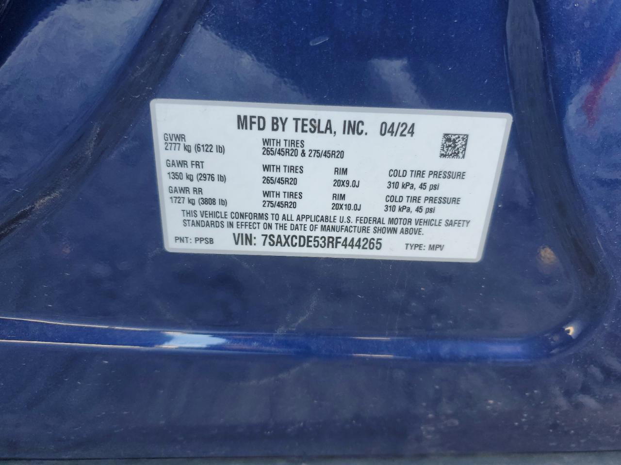 2024 TESLA MODEL X VIN:7SAXCDE53RF444265