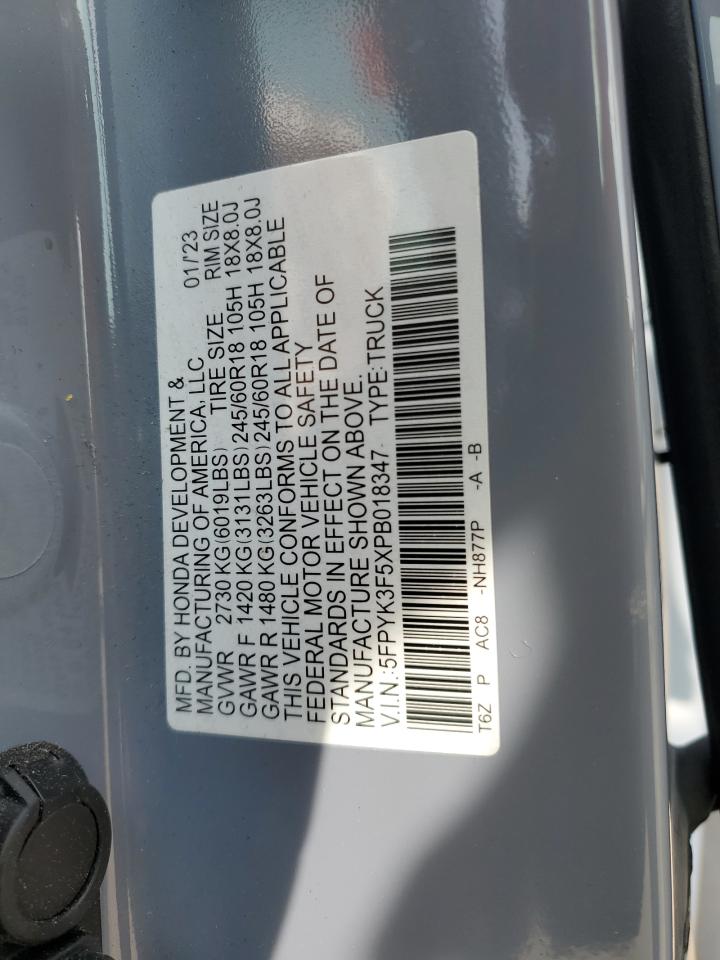 2023 HONDA RIDGELINE RTL VIN:5FPYK3F5XPB018347