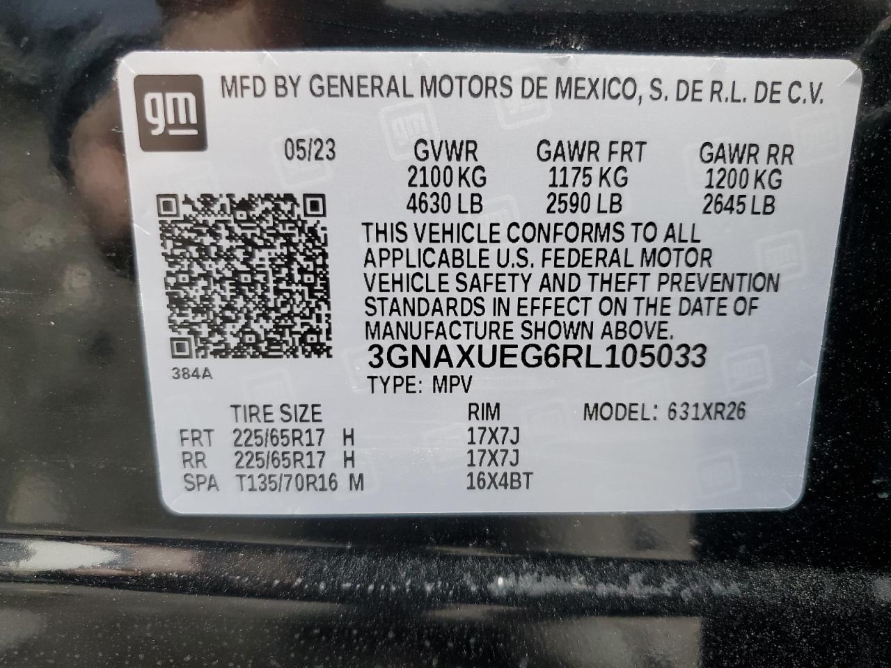 2024 CHEVROLET EQUINOX LT VIN:3GNAXUEG6RL105033