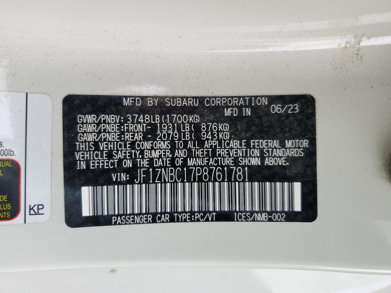 2023 TOYOTA GR 86 VIN:JF1ZNBC17P8761781