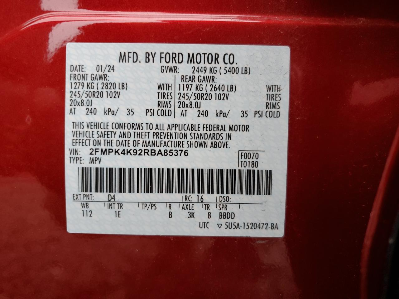 2024 FORD EDGE TITANIUM VIN:2FMPK4K92RBA85376