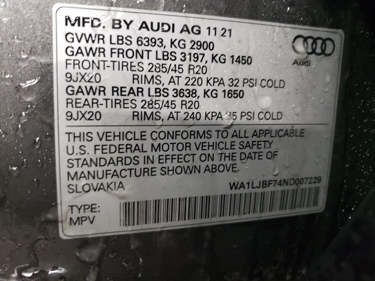 2022 AUDI Q7 PREMIUM PLUS VIN:WA1LJBF74ND007229
