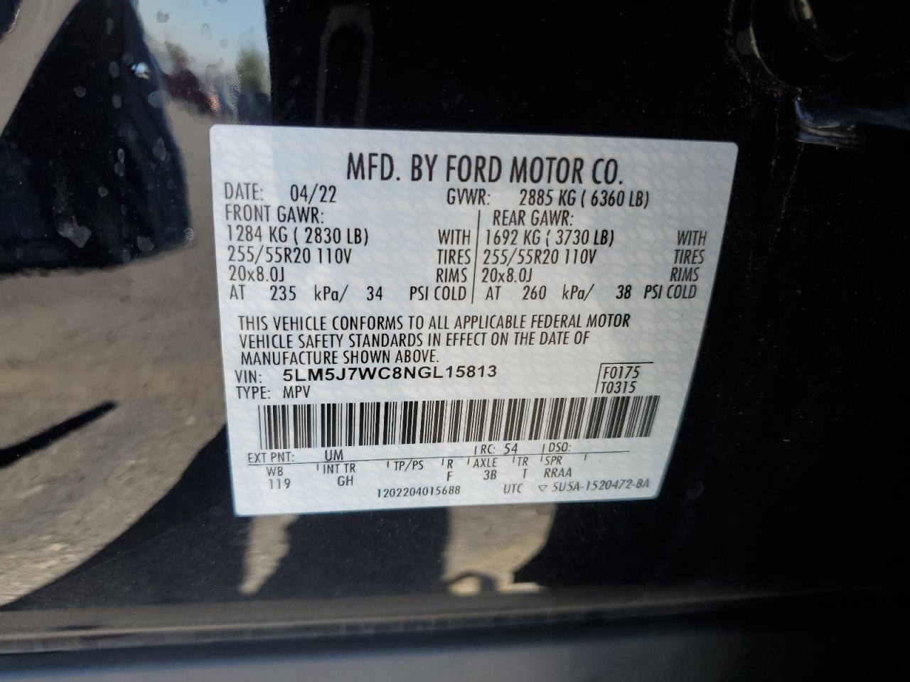 2022 LINCOLN AVIATOR RESERVE VIN:5LM5J7WC8NGL15813