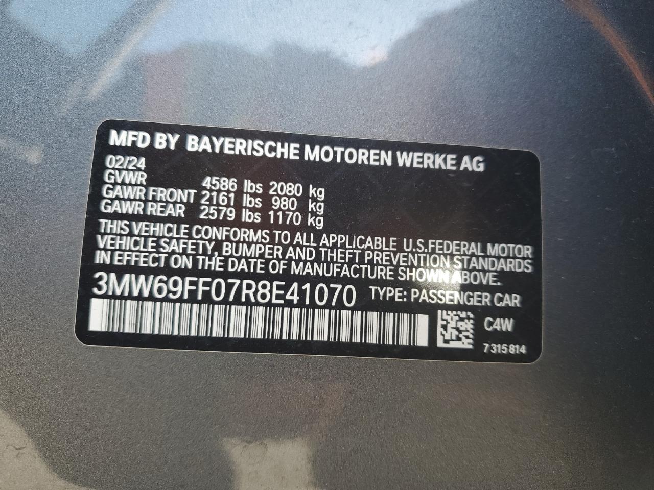 2024 BMW 330I VIN:3MW69FF07R8E41070