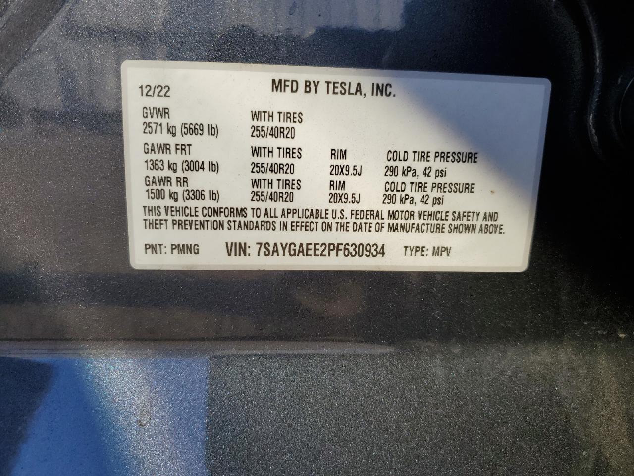 2023 TESLA MODEL Y VIN:7SAYGAEE2PF630934