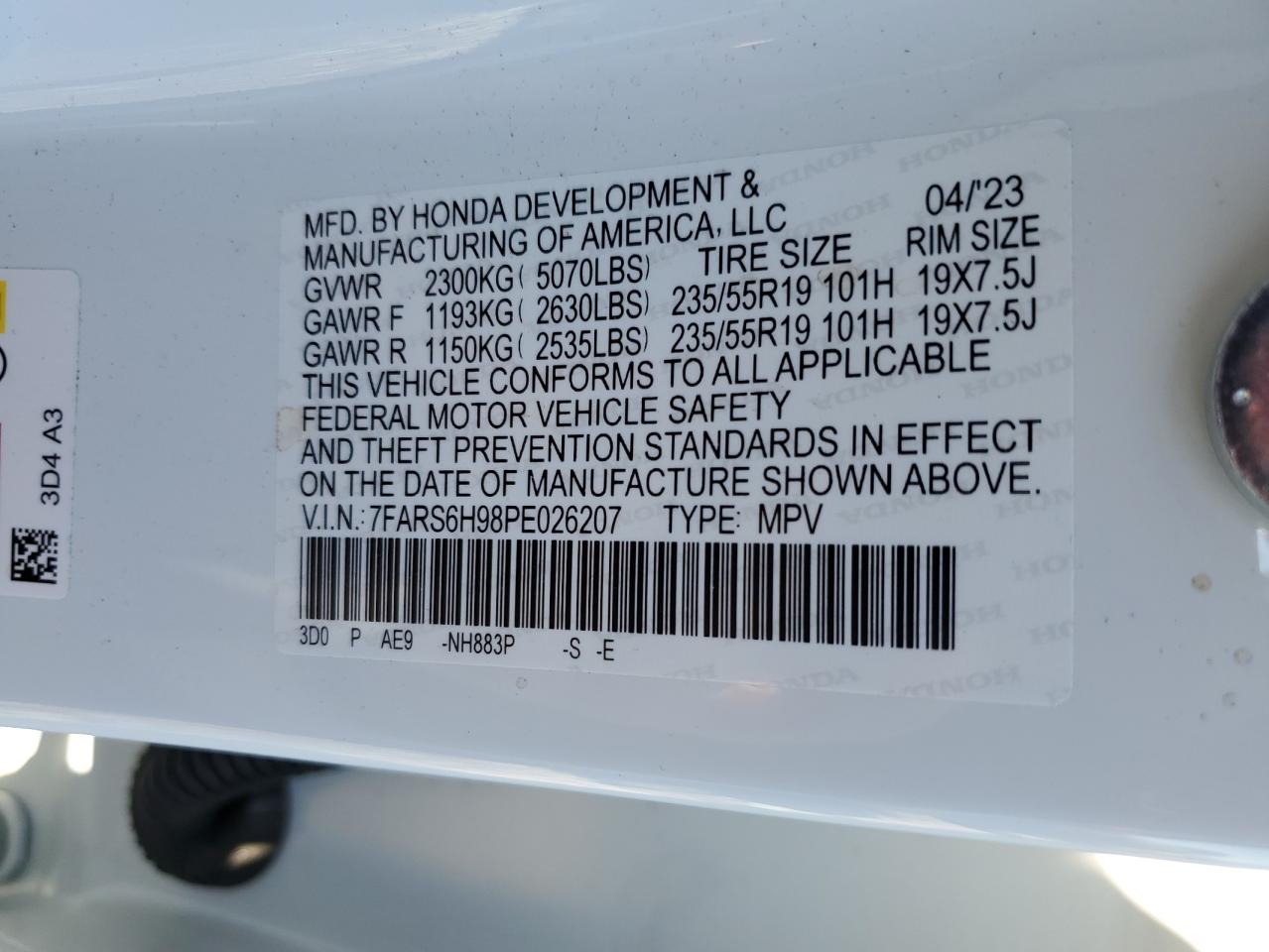 2023 HONDA CR-V SPORT TOURING VIN:7FARS6H98PE026207