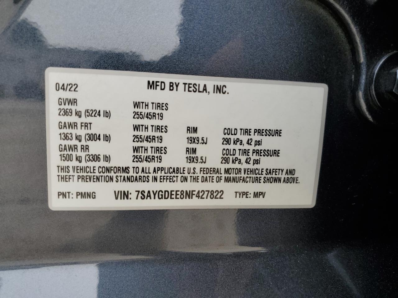 2022 TESLA MODEL Y VIN:7SAYGDEE8NF427822