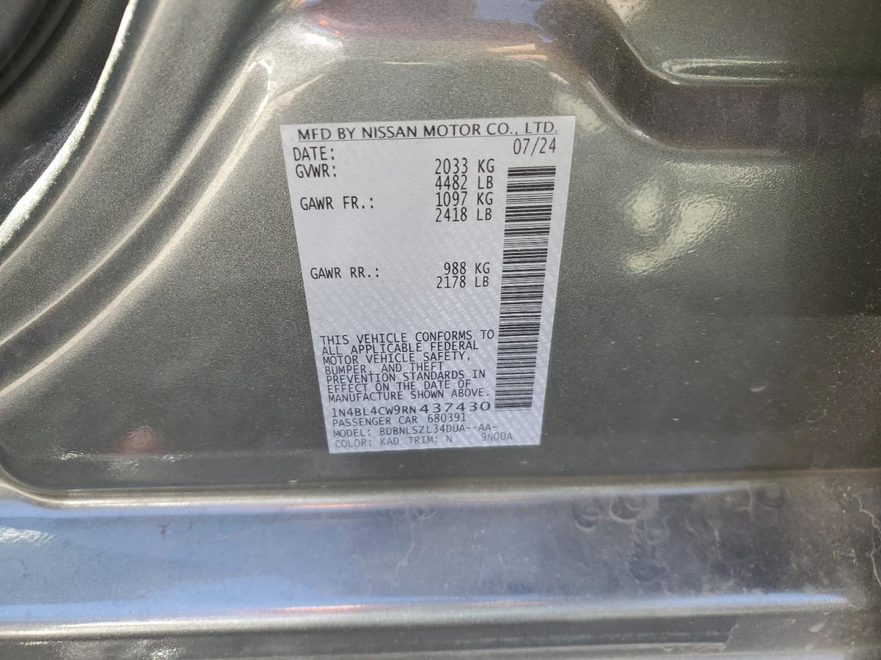 2024 NISSAN ALTIMA SR VIN:1N4BL4CW9RN437430