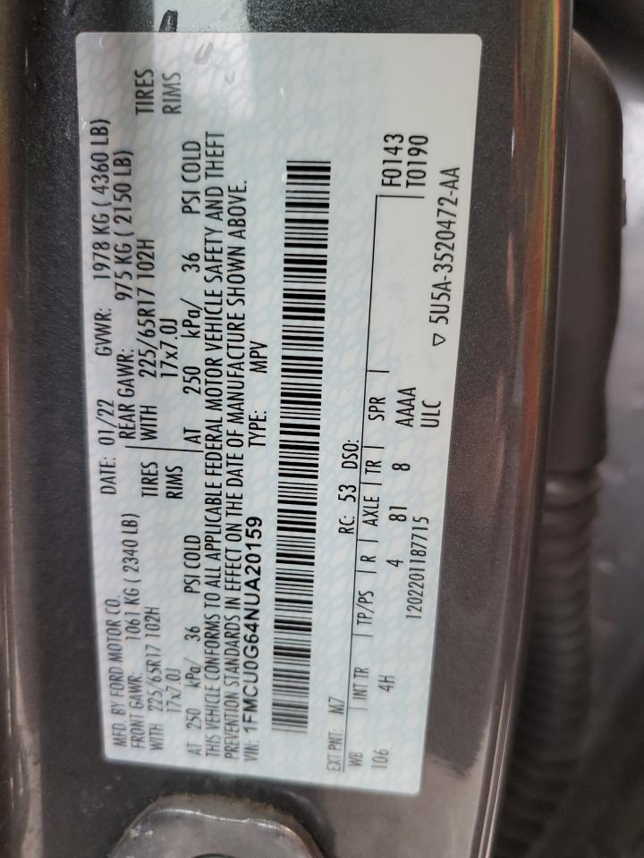 2022 FORD ESCAPE SE VIN:1FMCU0G64NUA20159