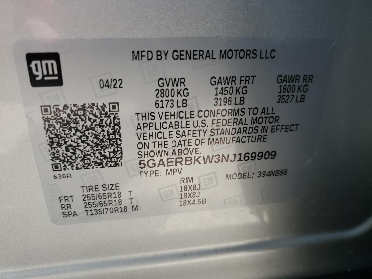 2022 BUICK ENCLAVE ESSENCE VIN:5GAERBKW3NJ169909