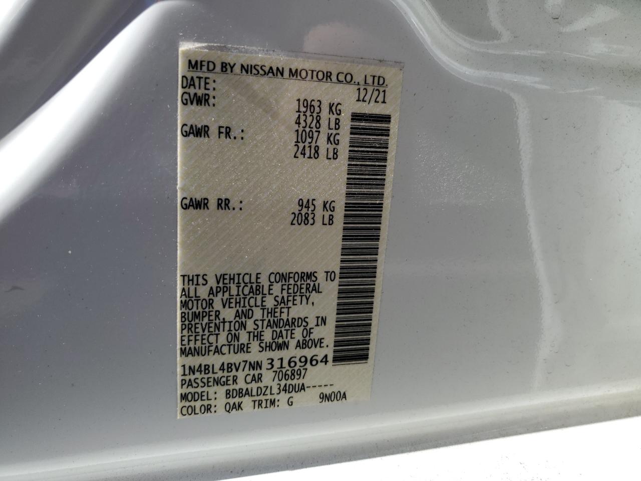 2022 NISSAN ALTIMA S VIN:1N4BL4BV7NN316964