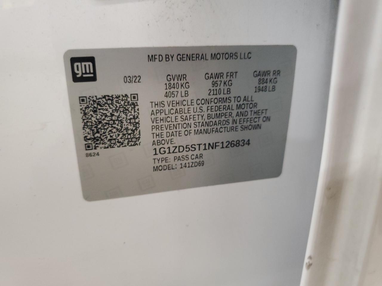 2022 CHEVROLET MALIBU LT VIN:1G1ZD5ST1NF126834