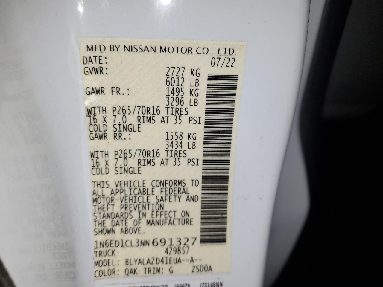 2022 NISSAN FRONTIER S VIN:1N6ED1CL3NN691327