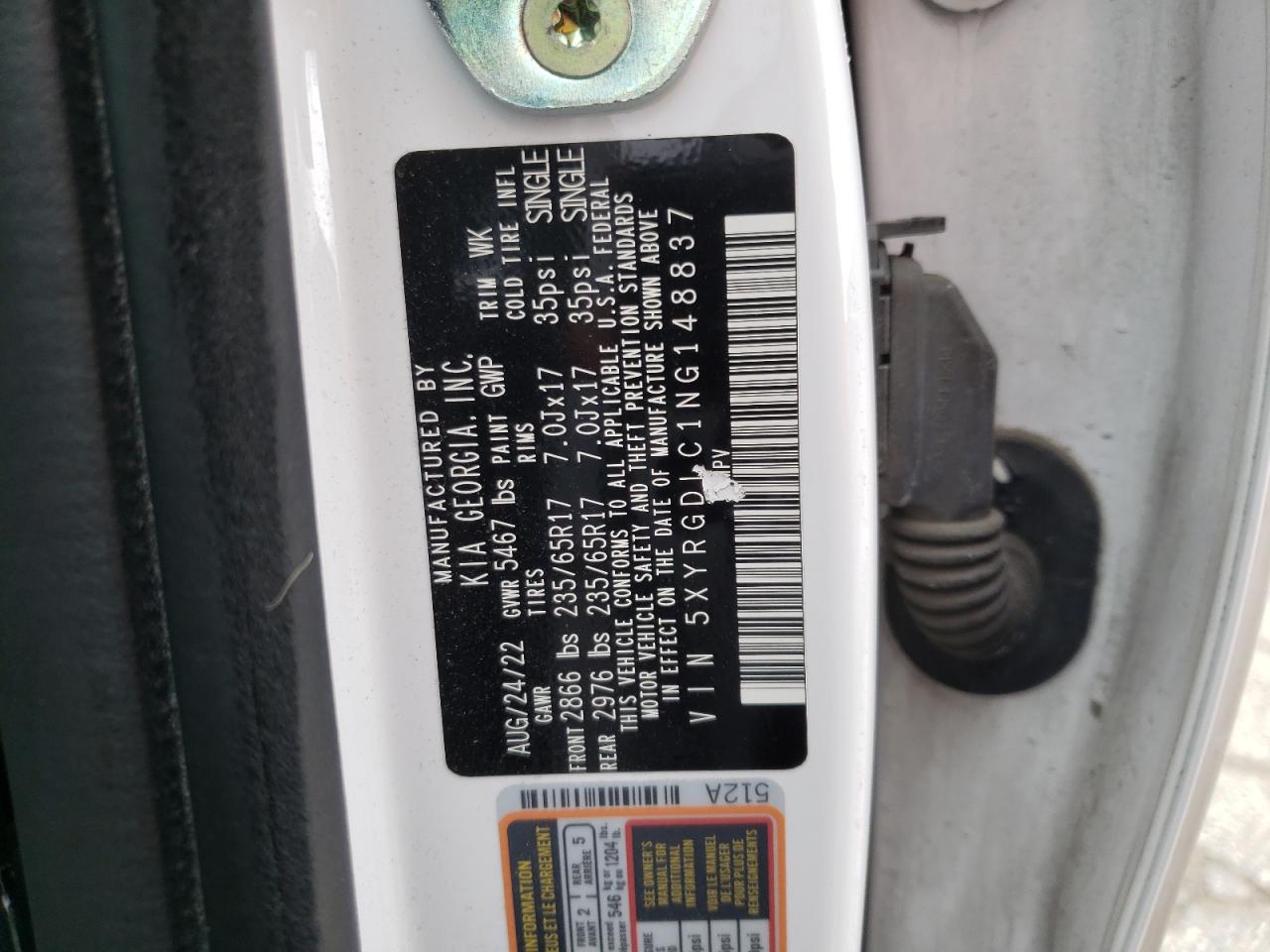 2022 KIA SORENTO LX VIN:5XYRGDLC1NG148837