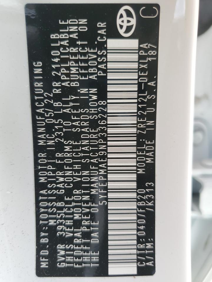 2022 TOYOTA COROLLA LE VIN:5YFEPMAE9NP336228