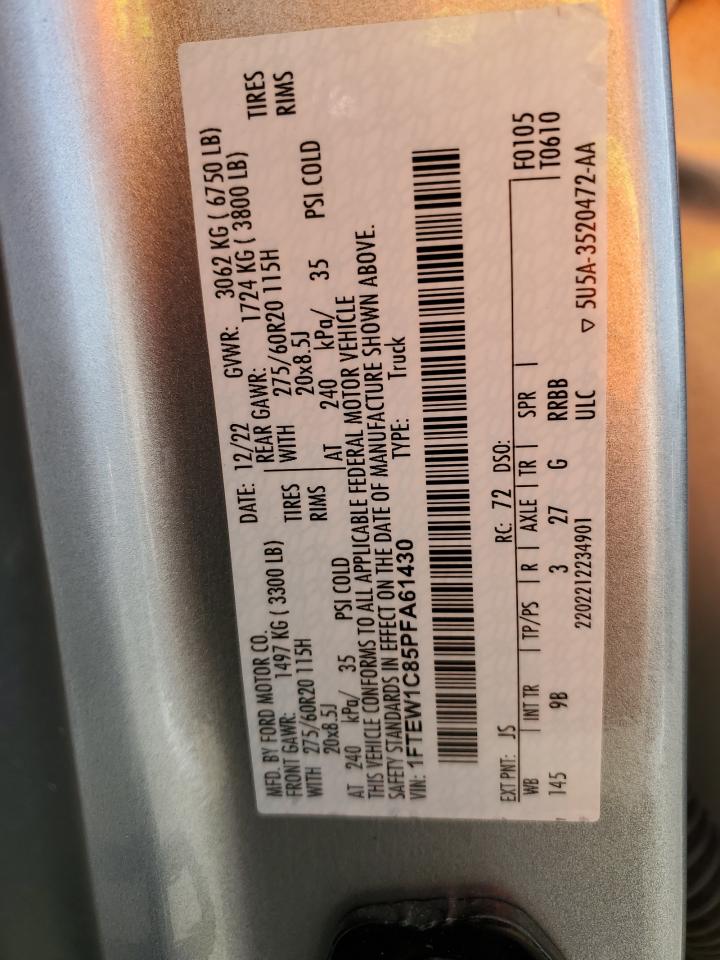 2023 FORD F150 SUPERCREW VIN:1FTEW1C85PFA61430