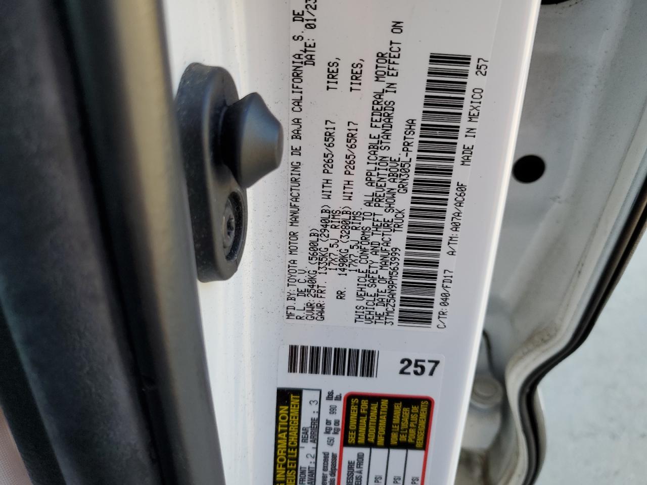 2023 TOYOTA TACOMA DOUBLE CAB VIN:3TMCZ5AN9PM563999