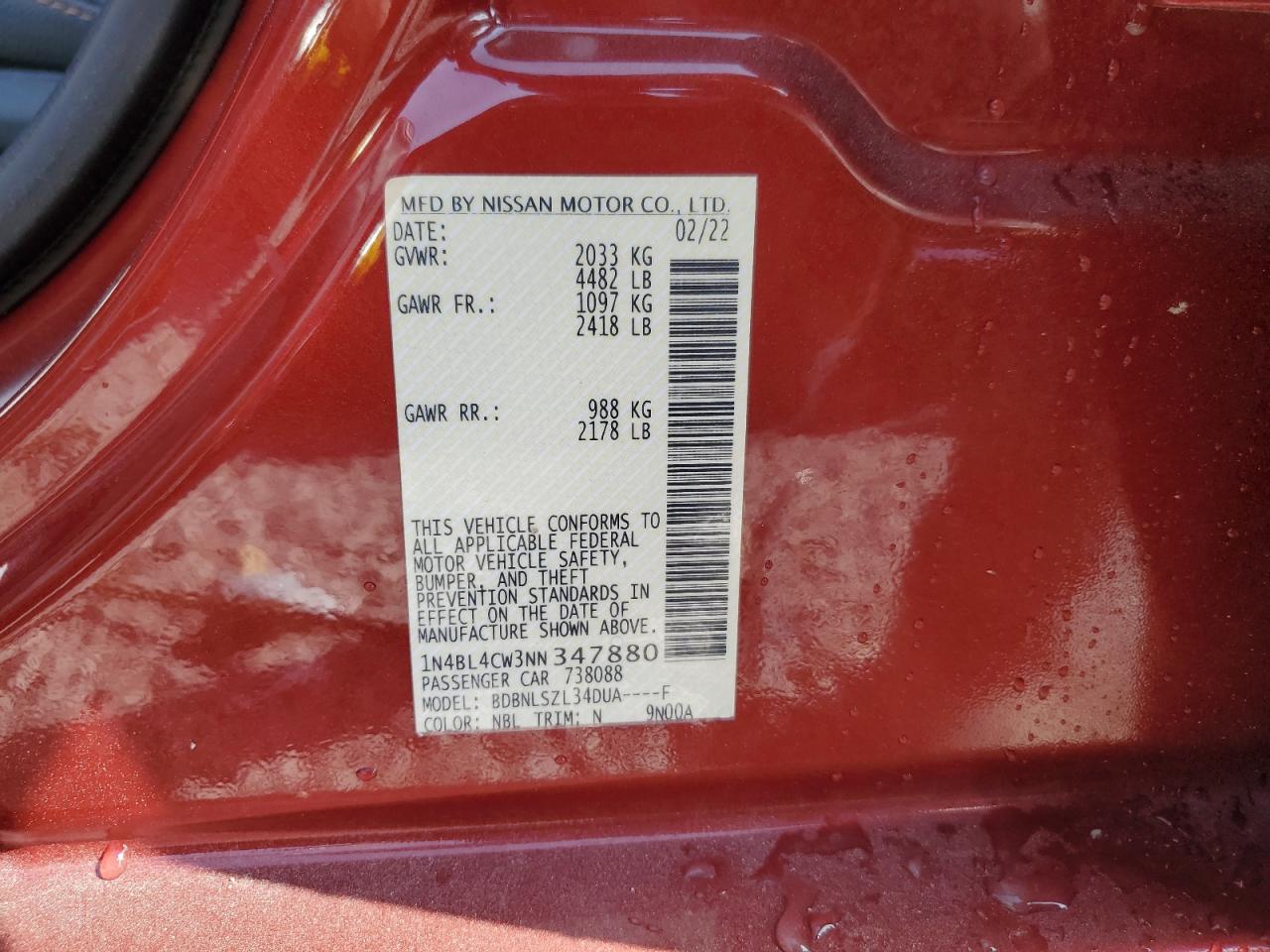 2022 NISSAN ALTIMA SR VIN:1N4BL4CW3NN347880